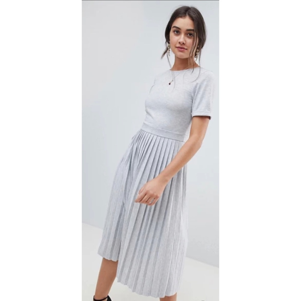ASOS DESIGN Grey Pleated Skirt Midi Dress Size 10